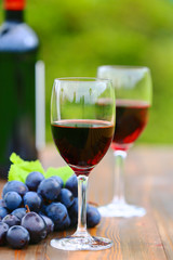 Two glasses Red Wine with wine bottle and fresh grapes on wooden table, defocused green outdoors background 8