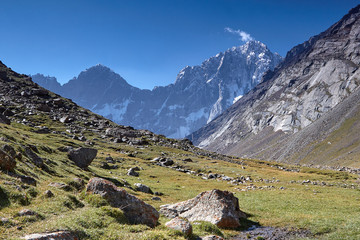 Mountains and glacier. snowy landscape peak and pass. outdoor view