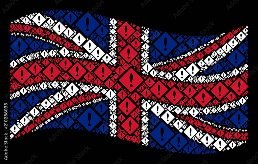 Poster waving uk flag on a black background. vector error items are arranged into mosaic great britain flag