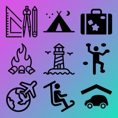 Vector icon set  about adventure with 9 icons related to roof rack, mountainside, cruise, latitude and climbing