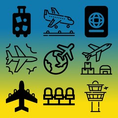 Vector icon set  about airport with 9 icons related to view, trip, travel, people  and suitcase