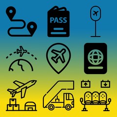 Vector icon set  about airport with 9 icons related to clean, border, waiting, lounge and tourism