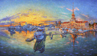 Oil painting on canvas. Evening at the seaport. Architectural landscape of the beloved city of Sochi .Author: Nikolay Sivenkov.