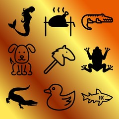 Vector icon set  about animals with 9 icons related to summer, wildlife, underwater, cuisine and fantasy