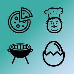 Vector icon set  about kitchen with 4 icons related to foodstuff, background, salad, steak and broken