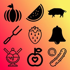 Vector icon set  about food with 9 icons related to cone, agriculture, pineapple, lunch and piggy