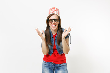 Portrait of young smiling attractive woman in 3d glasses and casual clothes with bucket for popcorn on head watching movie film and spreading hands isolated on white background. Emotions in cinema.