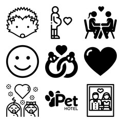 Vector icon set  about love with 9 icons related to quote, labrador, party, breakfast and together