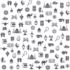Seamless pattern with arabian flat icons and symbols in gray colors. Ramadan Kareem wrapping paper template. Vector illustration