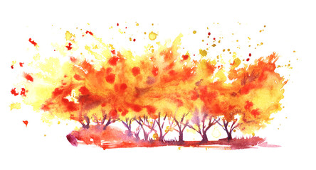 A bright orange formless watercolor blot and trees silhouette 