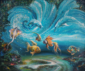 The magic of glowing plankton in the underwater world. Oil painting on canvas. Author: Nikolay...