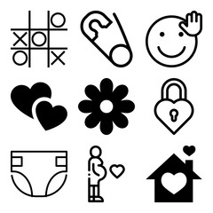 Vector icon set  about love with 9 icons related to style, decoration, challenge, bed and expectant