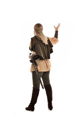 full length portrait of girl wearing medieval costume with sword. standing pose with back to the camera, isolated on white studio background.