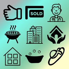 Vector icon set  about home with 9 icons related to landscape, banner, massage, sketch and outdoor