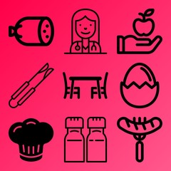 Vector icon set  about kitchen with 9 icons related to snack, sauce, spicy, natural and meat