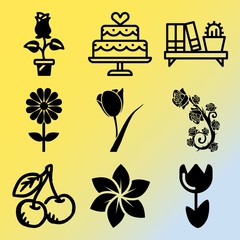 Vector icon set  about flowers with 9 icons related to sweet, cute, stem, groom and silhouette