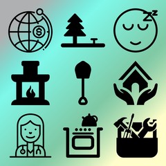 Vector icon set  about home with 9 icons related to wood, drawing, portrait, pay and manual