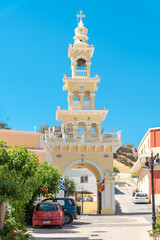 Fototapeta na wymiar The bell tower of the Greek Orthodox church in Paleochora, a small town in south-west Crete