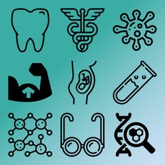 Vector icon set  about medicine with 9 icons related to influenza, weight, genome, strand and whitening