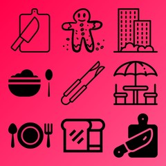 Vector icon set  about kitchen with 9 icons related to bake, architecture, one, sunny and vintage