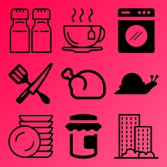 Vector icon set  about kitchen with 9 icons related to abstract, blur, time, dining and textile