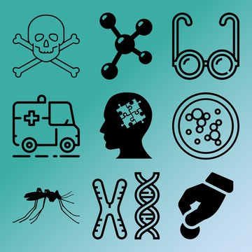 Vector icon set  about medicine with 9 icons related to toxin, illustration, disease, emergency and element
