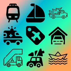 Vector icon set  about transport with 9 icons related to paper boat, control, tourist, vacation and building