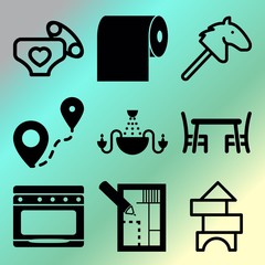 Vector icon set  about home with 9 icons related to body, student, new, wooden and world