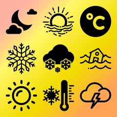 Vector icon set  about weather with 9 icons related to sea, snow, crater, outdoors and damage