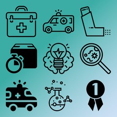 Vector icon set  about medicine with 9 icons related to microscope, first-aid, medical, sign and parcel