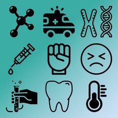 Vector icon set  about medicine with 9 icons related to power, first, nucleus of atom molecule structure vector art, lab and doctor