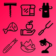 Vector icon set  about kitchen with 9 icons related to slice, thighs, poultry, oil and fire
