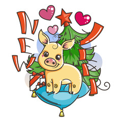 Happy New 2019 Year card with cartoon golden baby pig. Small symbol of holiday.