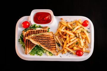 European international fusion cuisine, a beautiful dish on a white plate decorated with herbs and vegetables. a professional chef has prepared a delicious meal.