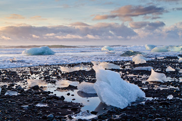 Ice rock with black sand at Diamond beach, Iceland