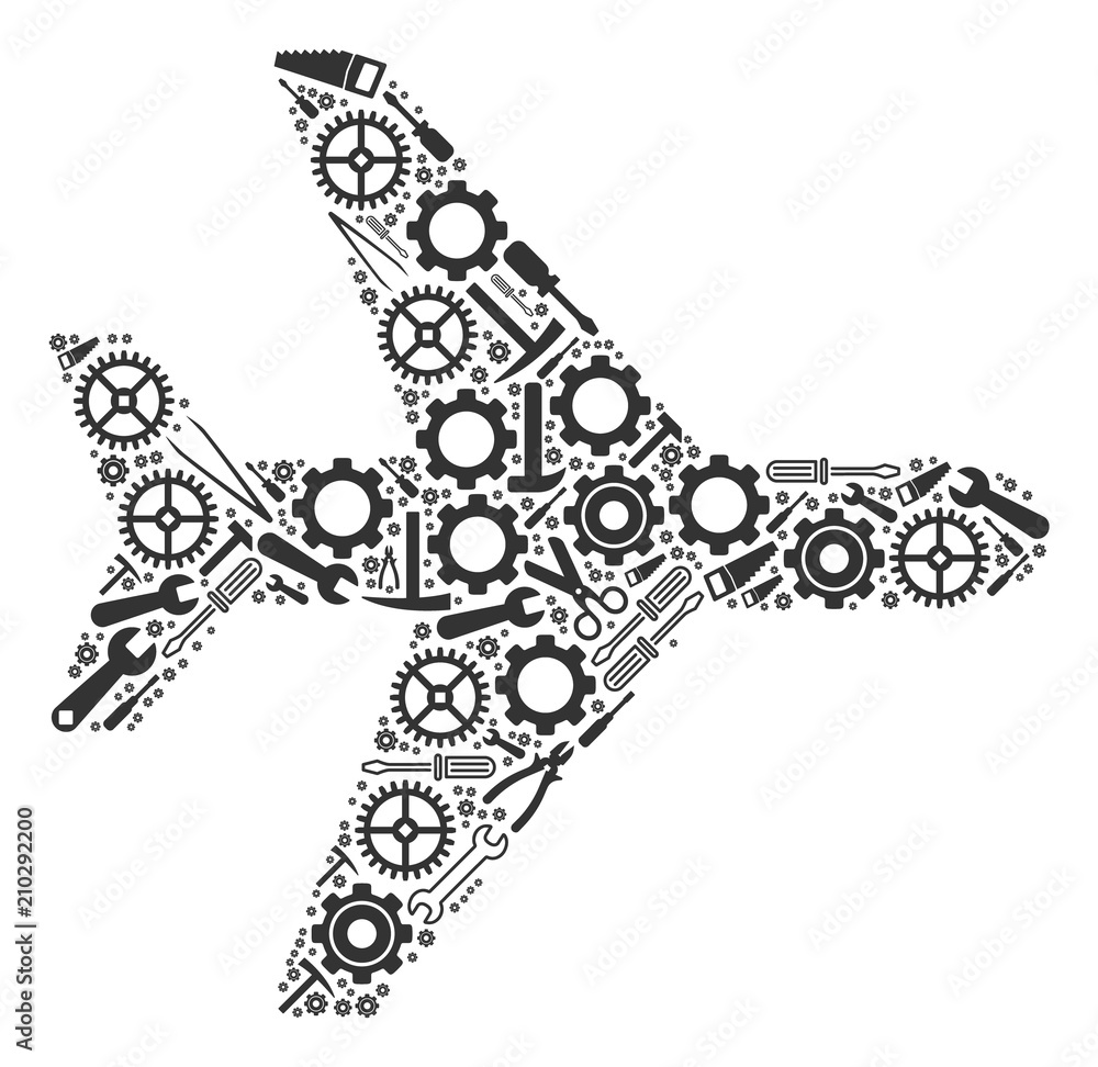 Poster air plane collage of service instruments. vector air plane icon is done from cogs, wrenches and othe