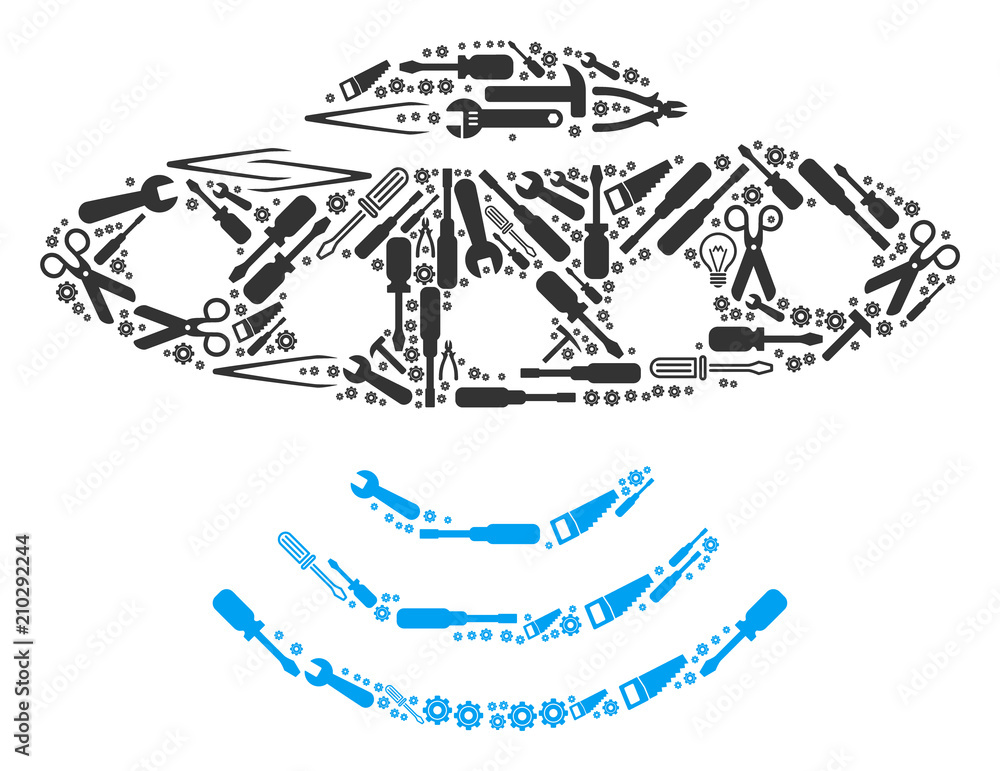 Poster alien invasion composition of workshop instruments. vector alien invasion icon is composed from gear