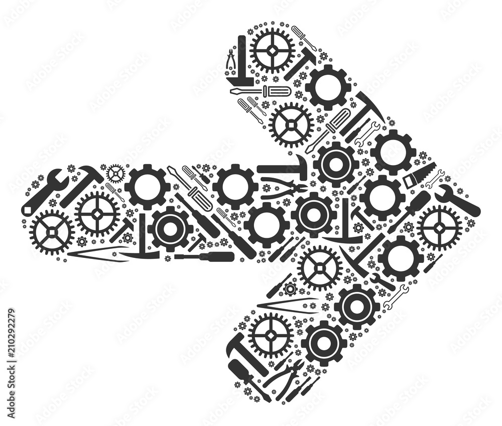 Poster arrow direction composition of workshop tools. vector arrow direction icon is created of gears, scre