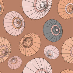 Vector seamless pattern with beige japan umbrellas for fabric, wrapping, craft