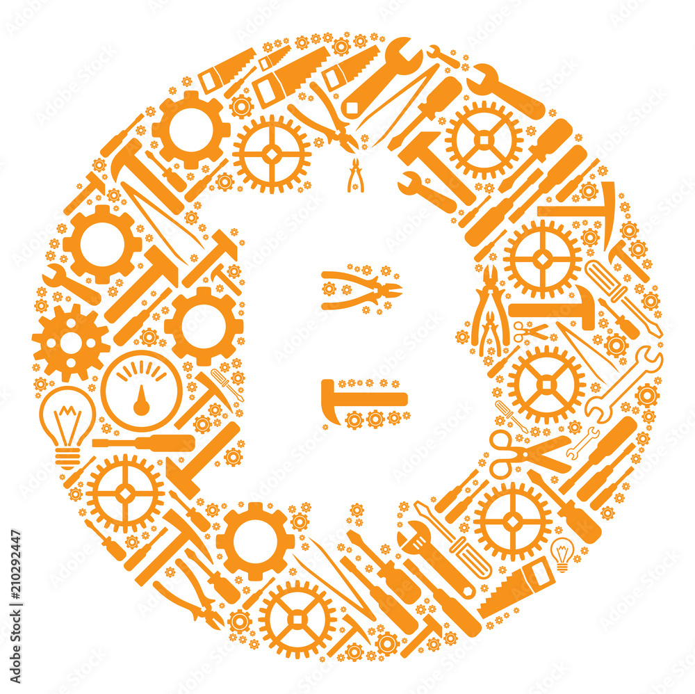 Poster bitcoin coin composition of repair tools. vector bitcoin coin icon is created of cogwheels, wrenches