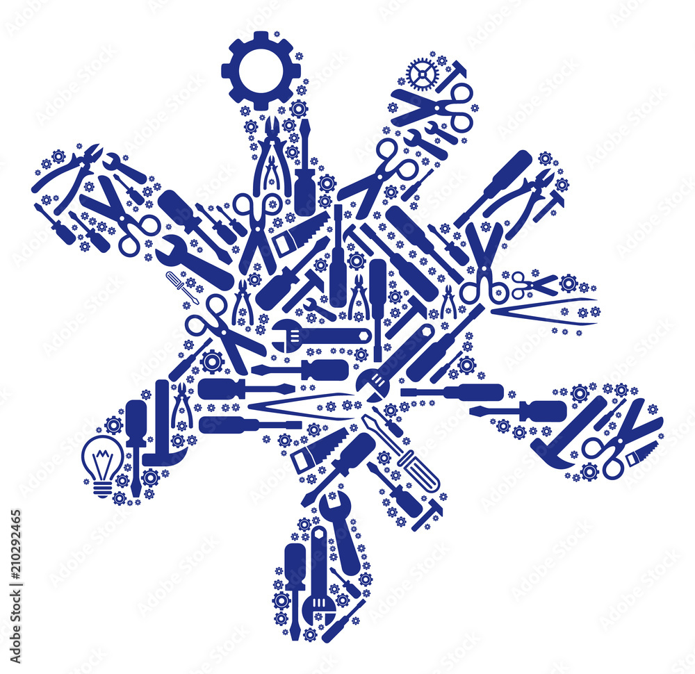 Poster blot composition of service instruments. vector blot icon is formed with gearwheels, hammers and oth