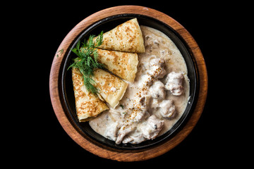 European international fusion cuisine, a beautiful dish on a white plate decorated with herbs and...