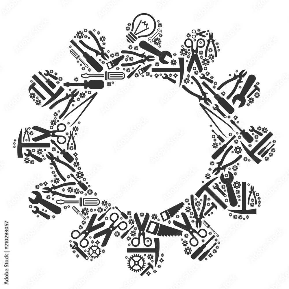 Poster cog collage of workshop instruments. vector cog icon is constructed of cogwheels, hammers and other 