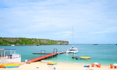 Beautiful sunny day blue sky and white cloud view and clear water travel in Japan Okinawa