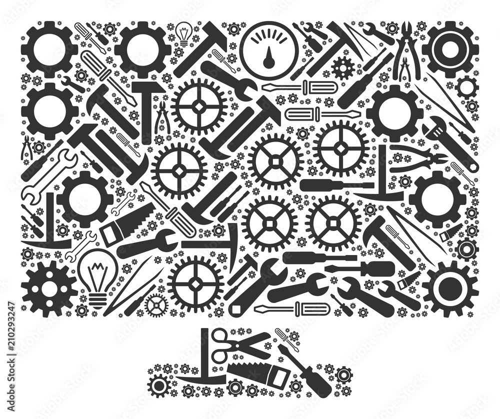 Poster computer display mosaic of service tools. vector computer display icon is composed from gearwheels, 