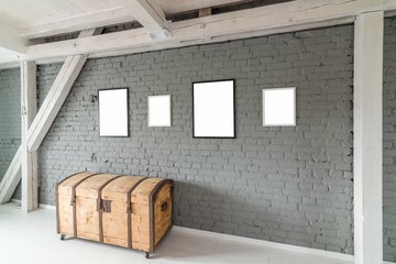Old wooden chest in loft attic apartment.
