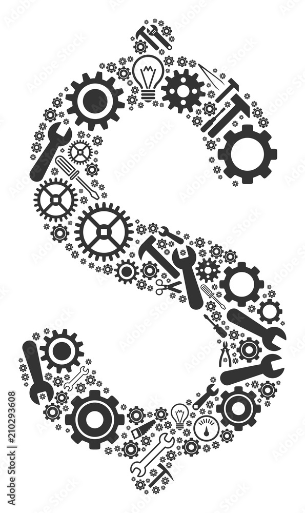 Poster dollar composition of service instruments. vector dollar icon is formed of cogs, wrenches and other 