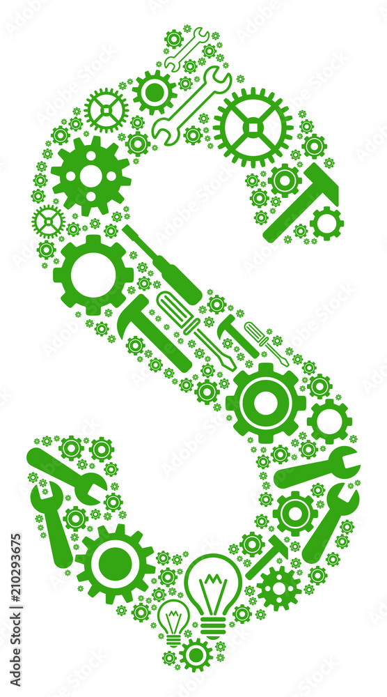 Poster dollar collage of service instruments. vector dollar icon is designed of cogwheels, spanners and oth
