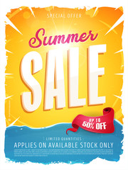 Summer Sale Template Banner/
Illustration of a summer sale template banner with colorul elements, typography and grunge frame