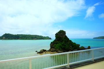 Beautiful sunny day blue sky and white cloud view with fresh green tree and grass travel in Japan Okinawa